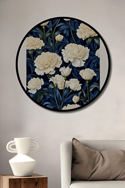 Teona Ahşap Tablou decorativ cu cadru rotund din lemn, aspect cu model floral William Morris