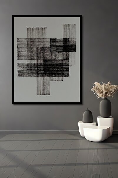 Teona Ahşap Tablou decorativ din lemn dreptunghiular, alb-negru, aspect de cadru de artă geometrică