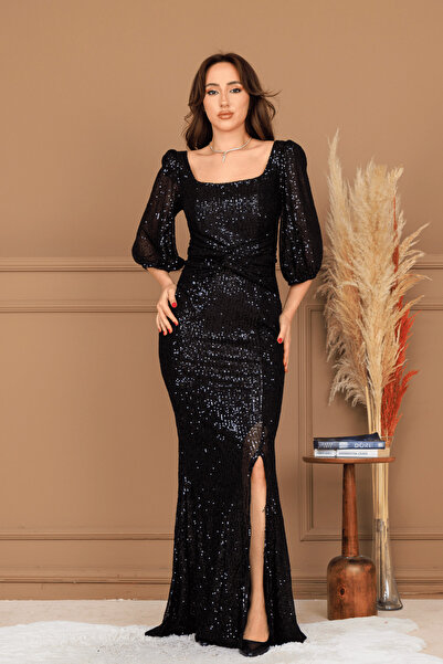 BEYBOS Pul Payet Kumaş Düğüm Detaylı Abiye Elbise - SİYAH