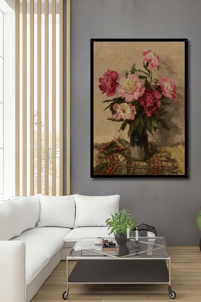 Teona Ahşap Tablou decorativ din lemn dreptunghiular cu aspect de rama de buchet de bujor roz