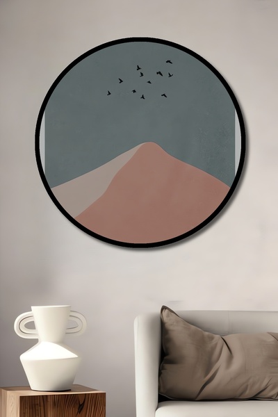 Teona Ahşap Tablou decorativ cu cadru rotund din lemn, cu aspect de păsări zburătoare, vârf de munte