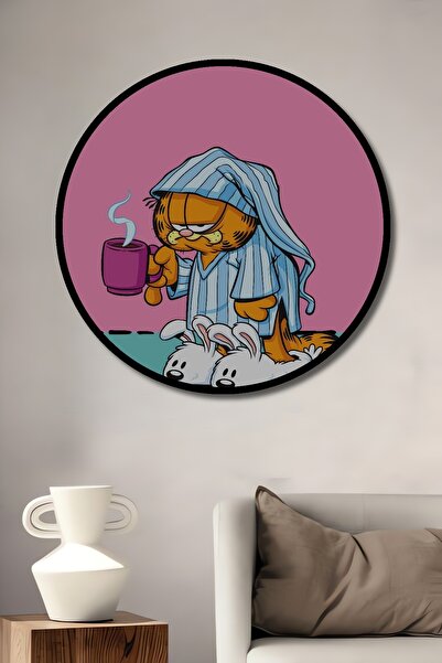 Teona Ahşap Tablou decorativ cu aspect de cadru rotund din lemn Garfield Morning Fatigue
