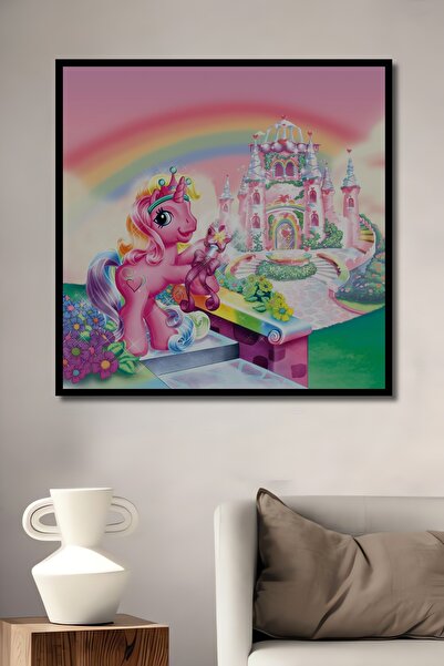 Teona Ahşap Tablou decorativ din lemn dreptunghiular, cu aspect de cadru de castel de basm cu unicorn roz