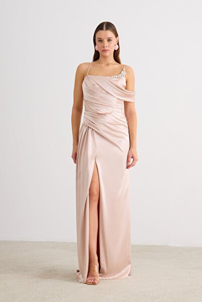 Carmen Pudra Askılı Yırtmaçlı Saten Abiye Elbise