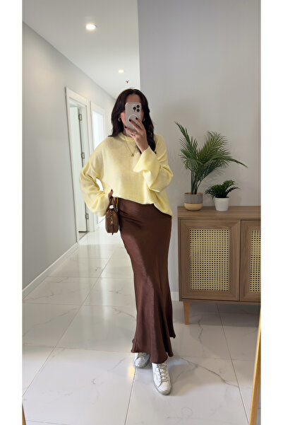 BİRCANÇİL Uryana Brown Satin Fishtail Skirt