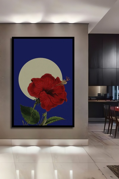 Teona Ahşap Tablou decorativ din lemn dreptunghiular cu aspect de rama de flori rosii la lumina lunii