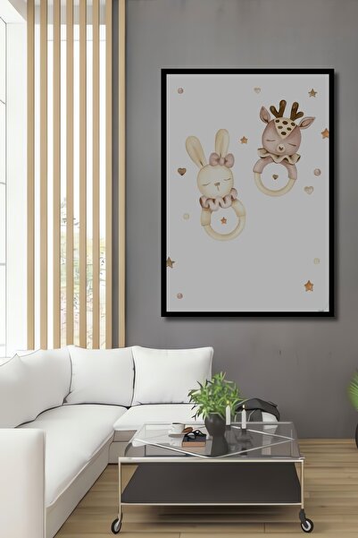 Teona Ahşap Tablou decorativ din lemn dreptunghiular cu aspect de rama de jucării cu iepure și cerb