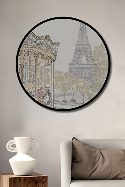 Teona Ahşap Rama rotunda decorativa din lemn cu aspect de tablou, roata de inalta si turnul Eiffel