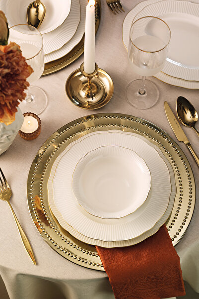 Kütahya Porselen Bone İlay 36 Parça 8 Kişilik Yemek Takımı Altın File