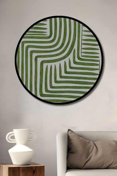 Teona Ahşap Декоративна дървена кръгла рамка за картина с геометрични зелени линии