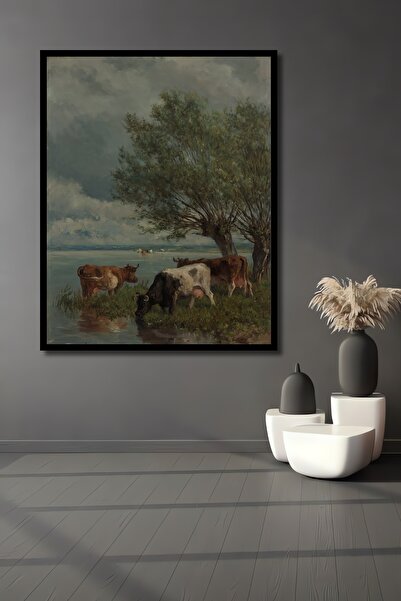 Teona Ahşap Tablou decorativ din lemn dreptunghiular, cu vedere la peisajul naturii, cu vaci în cadru