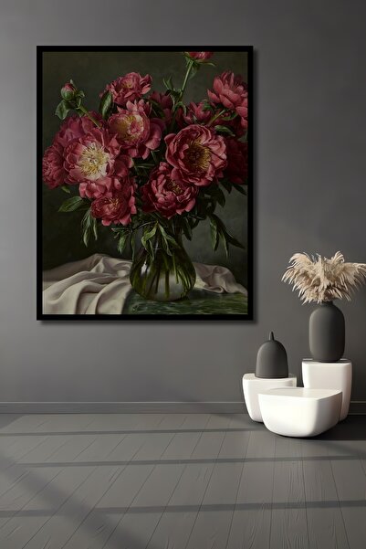 Teona Ahşap Tablou decorativ din lemn dreptunghiular cu bujori roz într-o vază cu aspect de cadru