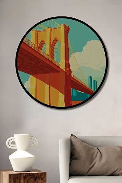 Teona Ahşap Tablou decorativ cu aspect de cadru rotund din lemn, peisajul podului din Brooklyn