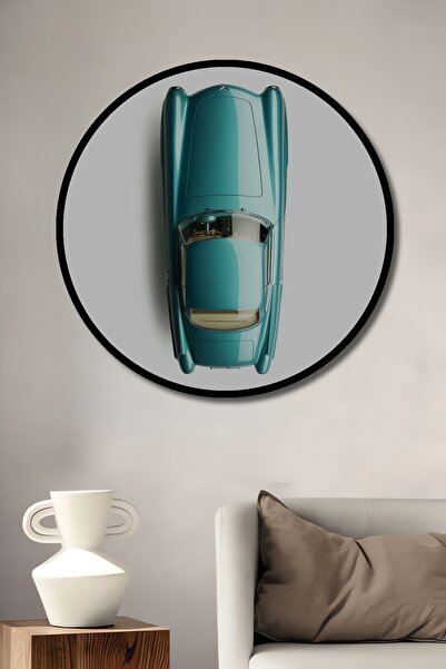 Teona Ahşap Tablou decorativ cu aspect de cadru rotund din lemn, vedere de sus a mașinii clasice