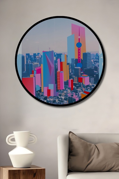 Teona Ahşap Tablou decorativ cu cadru rotund din lemn, peisaj colorat al orașului