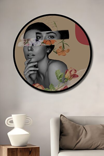 Teona Ahşap Tablou decorativ cu cadru rotund din lemn, aspectul frumuseții feminine cu flori