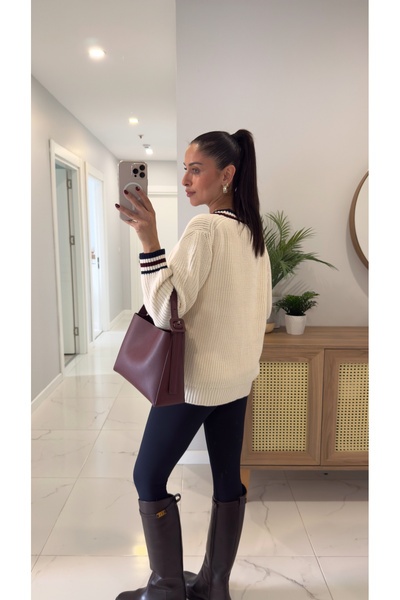 BİRCANÇİL Yenwi Krem Bordo Şerit Detaylı Cepli Hırka