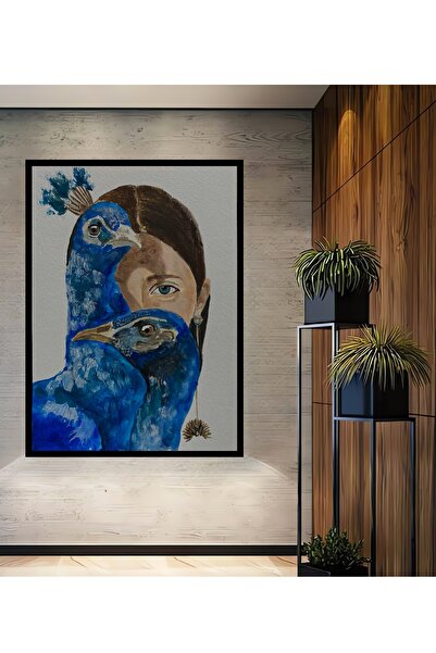 Teona Ahşap Tablou decorativ din lemn dreptunghiular cu păuni albaștri și aspect de cadru feminin