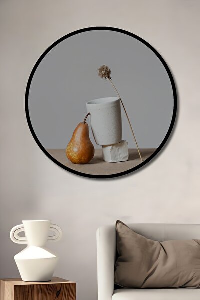 Teona Ahşap Tablou decorativ cu aspect de cadru rotund din lemn, compoziție de pere și flori