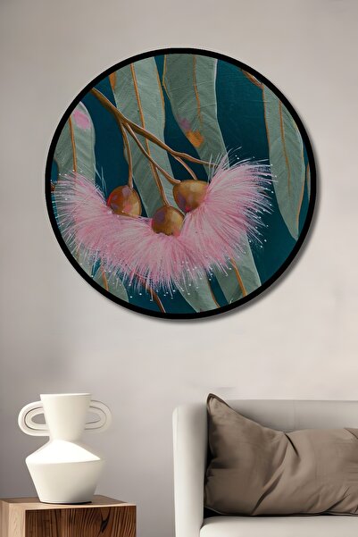 Teona Ahşap Tablou decorativ cu cadru rotund din lemn cu aspect de flori și frunze roz