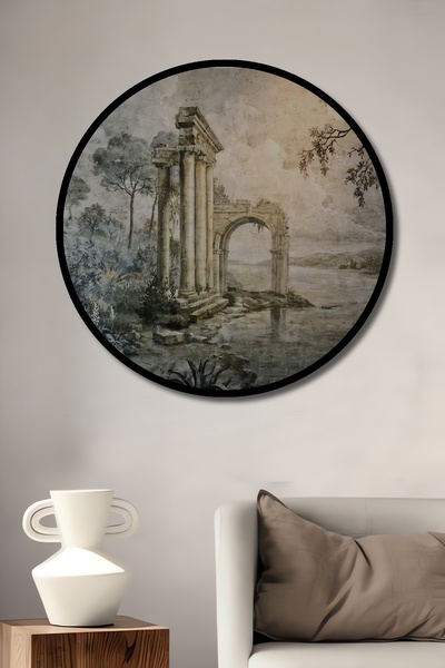 Teona Ahşap Tablou decorativ cu cadru rotund din lemn, aspect peisaj cu ruine...