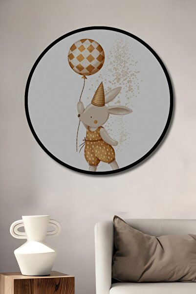 Teona Ahşap Tablou decorativ cu cadru rotund din lemn cu balonul Happy Rabbit