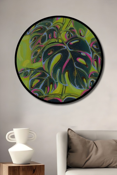 Teona Ahşap Tablou decorativ cu cadru rotund din lemn, cu aspect de frunze ve...