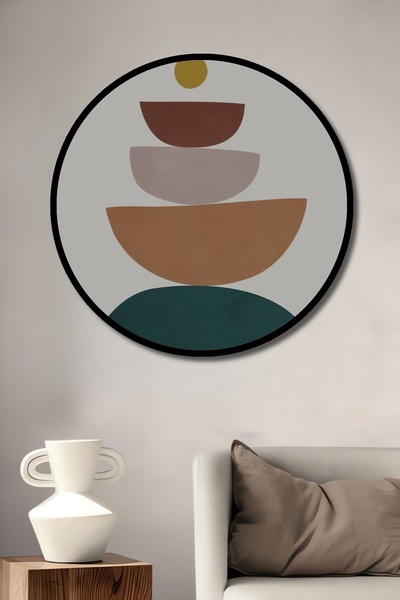 Teona Ahşap Tablou decorativ cu cadru rotund din lemn, cu aspect de forme geo...