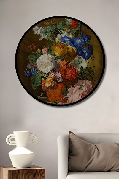 Teona Ahşap Tablou decorativ cu cadru rotund din lemn cu aspect de buchet de flori colorate