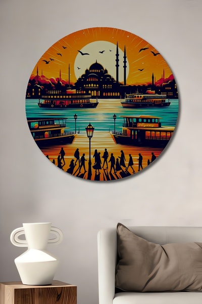 Teona Ahşap Peisaj de apus de soare din Istanbul, decorativ din lemn MDF, pictură rotundă pe perete pentru casă, loc de muncă