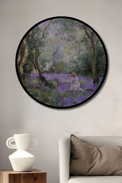 Teona Ahşap Tablou decorativ cu aspect de cadru rotund din lemn Pădure magică cu flori mov