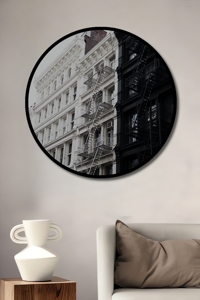 Teona Ahşap Tablou decorativ cu cadru rotund din lemn, cu aspect de clădiri a...