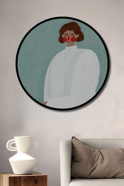 Teona Ahşap Tablou decorativ cu aspect de cadru rotund din lemn, femeie așezată în rochie albă