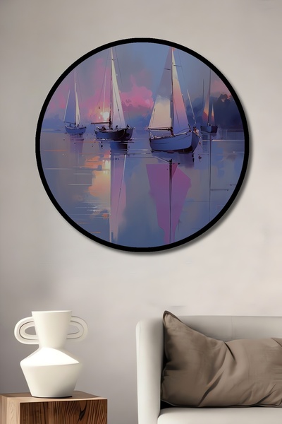 Teona Ahşap Tablou decorativ cu cadru rotund din lemn, aspectul navigației cu vele, răsăritul soarelui pe lac