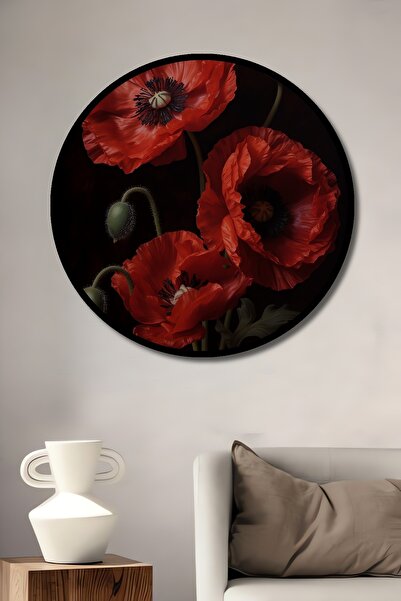 Teona Ahşap Buchet decorativ de papaveri roșii cu aspect de tablou cu cadru rotund din lemn