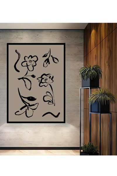 Teona Ahşap Tablou decorativ din lemn dreptunghiular cu flori alb-negru cu aspect de rama
