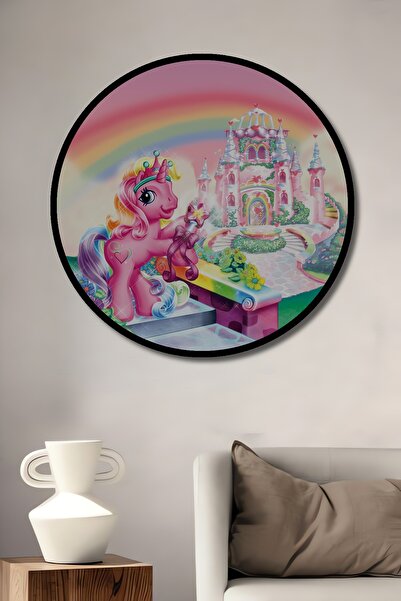 Teona Ahşap Tablou decorativ cu cadru rotund din lemn, aspect castel de basm cu unicorn roz