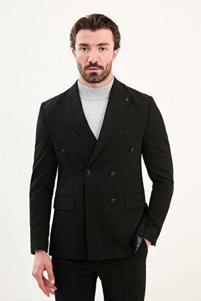 Mcr Straight Slim Fit Wide Collar Punto Stitching Double Breasted Men's Suit Black - 45421.25K