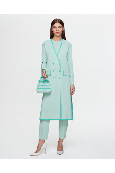 MISS DALIDA Cep Kapaklı Kruvaze Yaka Triko Açık Yeşil Yelek