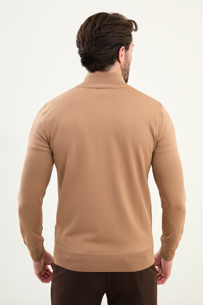 Mcr Plain Slim Fit Zippered Half Fisherman Men's Knitwear Sweater Caramel - 11561.25K