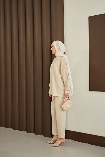 LOCCO Women's Stone Detail Suit Cream