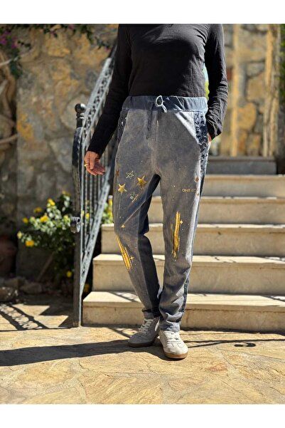 Punta Otantik Yg50618 Star Pattern Pulpayetli Italian Suede Trousers Blue