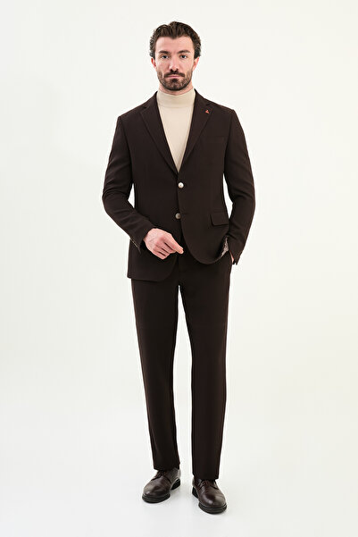 Mcr Desenli Slim Fit Torba Cep Beli Lastikli İpli Erkek Takım Elbise Kahve - 45430.25K