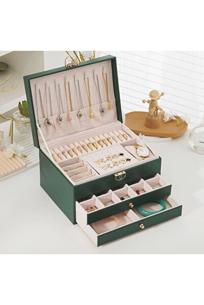 AB Luxury Concept Jewelry Box with 3 levels and 2 drawers, practical compartments for rings, earrings, necklaces