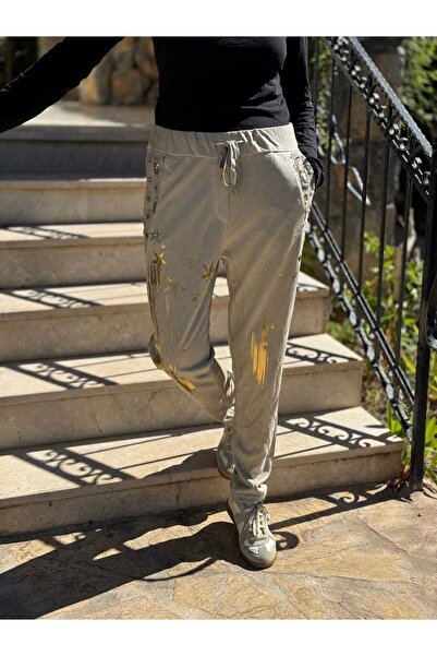 Punta Otantik YG50618 Star Pattern Pulpayetli Italian Suede Pants Beige
