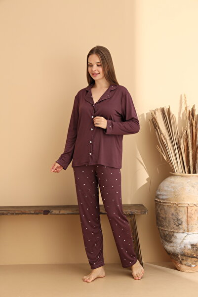 ELİTOL Plum Mini Patterned Buttoned Women's Pajama Set