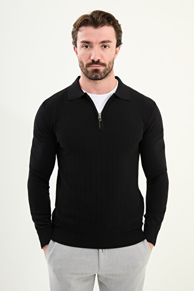 Mcr Patterned Slim Fit Polo Neck Zippered Wool Men's Knitwear Sweater Black - 11570.25K
