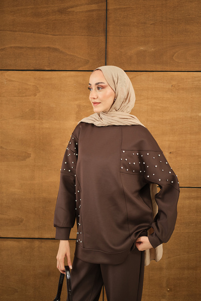 LOCCO Kadın Taş Detay Takım Kahverengi