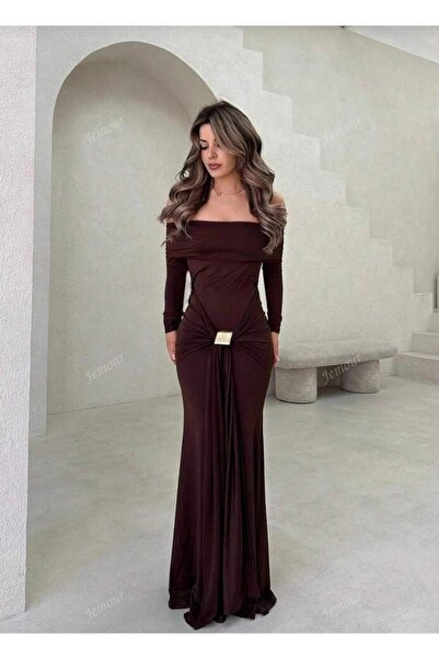 MEGOMEL Φόρεμα με λεπτομέρεια με κούμπωμα, στράπλες, μακρυμάνικο, μακρύ φόρεμα μέχρι τον δάπεδο