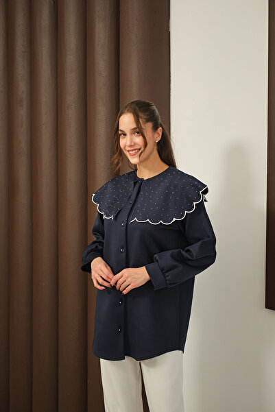 LOCCO Kadın Yakası Taşlı Tunik Lacivert